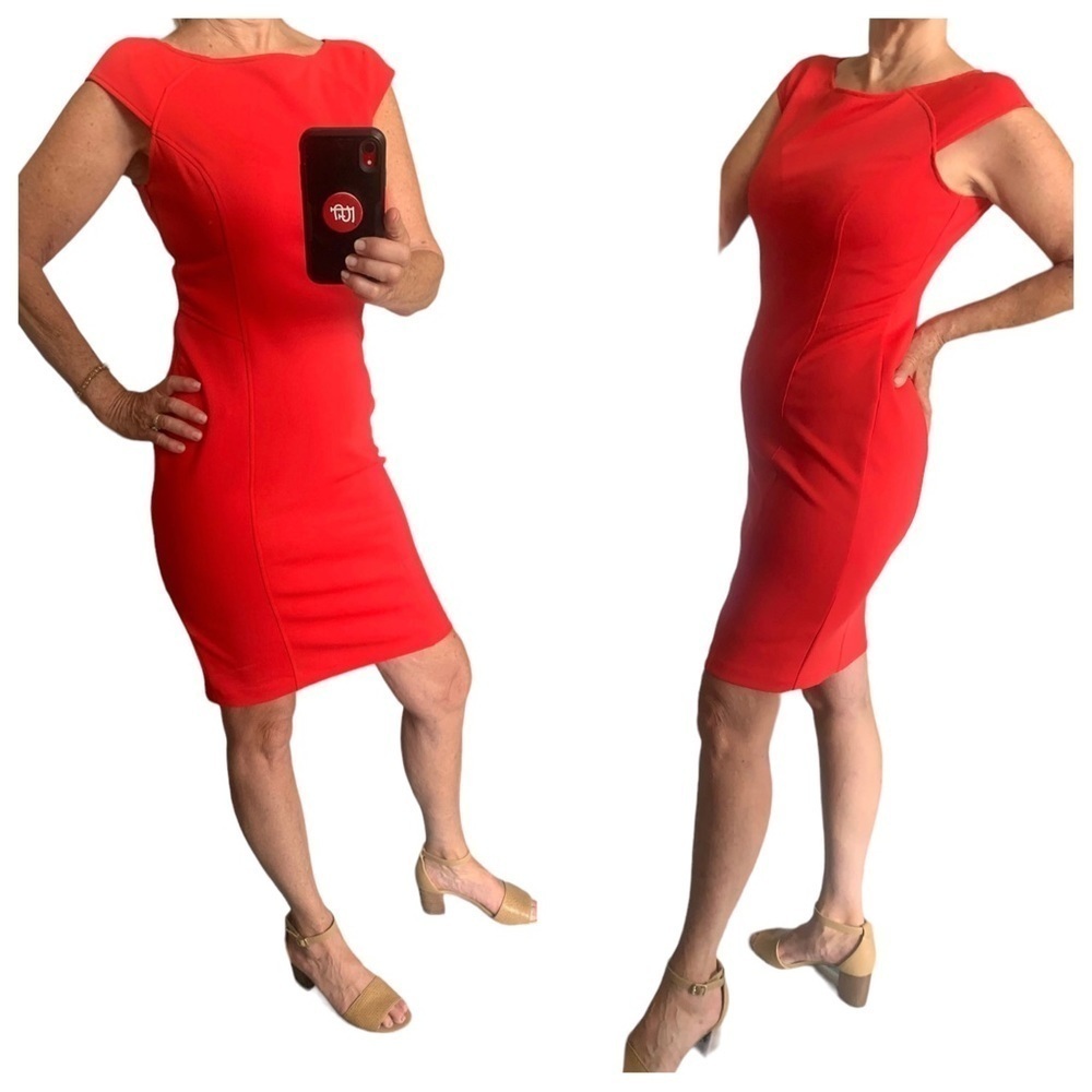 Sz 10 Tomato-Red Maggie London Stretch Summer Dress w Back Cutout - Picture 5 of 10